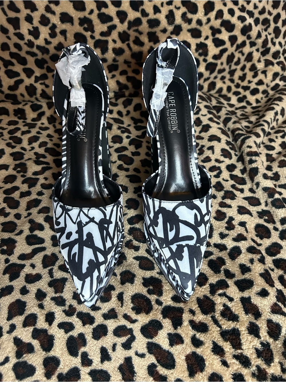 Cape Robbin Black & White Graffiti Pointed-Toe Heels with Ankle Strap